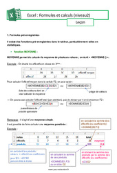 Formules et calculs (Excel) - Niveau 2 - Cours : 3eme Secondaire - Cycle 4 - PDF à imprimer