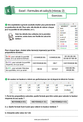 Formules et calculs (Excel) - Niveau 2 - Exercices : 3eme Secondaire - Cycle 4 - PDF à imprimer