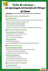 Les dynamiques territoriales de l'Afrique de l'Ouest - Fiches de révision : 2eme Secondaire - Cycle 4 - PDF à imprimer