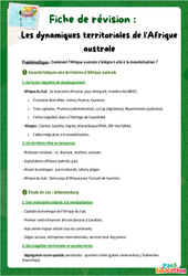 Les dynamiques territoriales de l'Afrique australe - Fiches de révision : 2eme Secondaire - Cycle 4 - PDF à imprimer