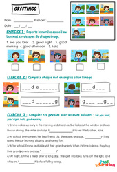 Exercice Greetings - Vocabulaire - Exercices - Apprends l'anglais avec Kelly and James : 3eme Maternelle, [Primaire] - Cycle 1 - PDF à imprimer
