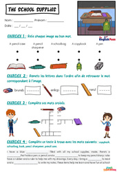 Exercice School supplies - Exercices - Apprends l'anglais avec Kelly and James : 3eme Maternelle, [Primaire] - PDF à imprimer