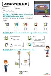 Exercice Numbers (from 10 to 19) - Vocabulaire - Exercices - Apprends l'anglais avec Kelly and James : 3eme Maternelle, [Primaire] - Cycle 1 - PDF à imprimer