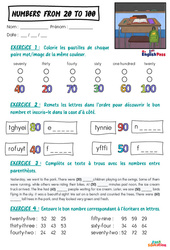 Exercice Numbers (from 20 to 100) - Exercices - Apprends l'anglais avec Kelly and James : 3eme Maternelle, [Primaire] - PDF à imprimer