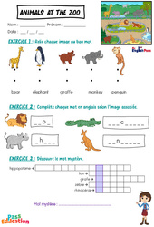 Animals at the Zoo - Vocabulaire - Exercices - Apprends l'anglais avec Kelly and James : 3eme Maternelle, [Primaire] - PDF à imprimer