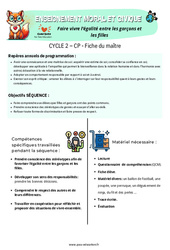 Faire vivre l’égalité entre les garçons et les filles - Fiche de préparation - EMC : 1ere Primaire - Cycle 2 - PDF à imprimer