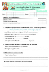 Connaître les règles de civisme pour bien vivre en société - Examen Evaluation - EMC : 4eme Primaire - PDF à imprimer