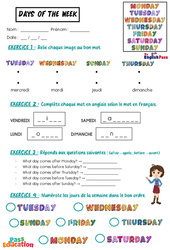 Days of the week - Vocabulaire - Exercices - Apprends l’anglais avec Kelly and James : 3eme Maternelle, [Primaire] - PDF à imprimer