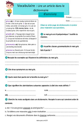 Lire un article dictionnaire - Exercices avec les corrections : 5eme Primaire - PDF à imprimer