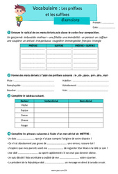 Exercice Les préfixes et les suffixes - Exercices avec les corrigés : 5eme Primaire - PDF à imprimer