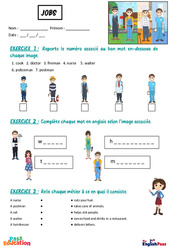 Jobs - Vocabulaire - Exercices - Apprends l’anglais avec Kelly and James - À essayer gratuitement : 3eme Maternelle, [Primaire] - PDF à imprimer