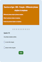 Leçon, exercice et évaluation :<br/> Différencier phrases simples et complexes - Fiches  - Exercice en ligne : 5eme Primaire