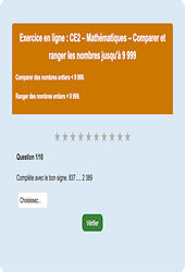 Leçon, exercice et évaluation :<br/> Comparer et ranger les nombres jusqu'à 9 999 - Fiches  - Exercice en ligne : 3eme Primaire