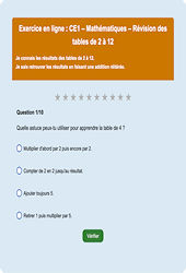 Leçon, exercice et évaluation :<br/> Révision des tables de 2 à 12 - Tables de multiplication - Fiches  - Exercice en ligne : 2eme Primaire