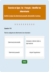 Les déterminants - Fiches Exercice en ligne  - Fiches Français - Grammaire : 1ere Secondaire