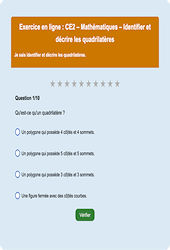 Leçon, exercice et évaluation :<br/> Identifier et décrire les quadrilatères - Fiches  - Exercice en ligne : 3eme Primaire