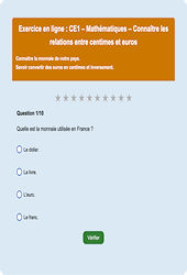 Leçon, exercice et évaluation :<br/> Monnaie et prix euros - Fiches  - Exercice en ligne (1) : 2eme Primaire