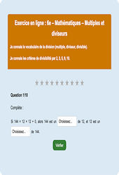 Leçon, exercice et évaluation :<br/> Multiples et diviseurs - Fiches  - Exercice en ligne : 6eme Primaire