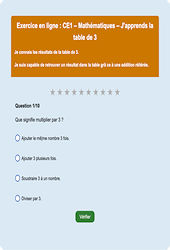 Leçon, exercice et évaluation :<br/> Table de 3 - Tables de multiplication - Fiches  - Exercice en ligne : 2eme Primaire