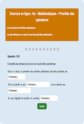Priorités opératoires - Fiches Exercice en ligne  - Fiches Mathématiques - Nombres et calculs : 6eme Primaire