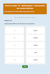 Décomposition des nombres décimaux - Fiches Exercice en ligne  - Fiches Mathématiques - Nombres et calculs : 6eme Primaire