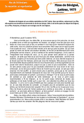 Exercice Madame de Sévigné, Lettres, 1673 - Littérature : 3eme Secondaire - PDF à imprimer