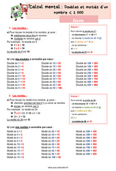Doubles et moitiés d'un nombre inférieur à 1000 - Cours, Leçon : 4eme Primaire - PDF à imprimer