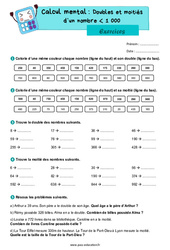 Doubles et moitiés d'un nombre inférieur à 1000 - Exercices : 4eme Primaire - PDF à imprimer