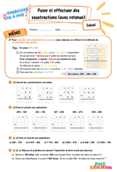 Leçon, exercice et évaluation :<br/> Poser et effectuer des soustractions (avec retenue) en colonne - Exercices Pas à Pas : 3eme Primaire - PDF à imprimer
