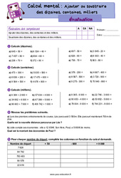 Ajouter ou soustraire des dizaines, centaines, milliers - Examen Evaluation : 4eme Primaire - PDF à imprimer