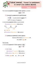 Trouver le complément à l’entier d’un nombre décimal - Cours, Leçon : 4eme Primaire - PDF gratuit à imprimer