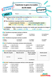 Transformer le genre et le nombre des groupes nominaux simples - Exercices Pas à Pas : 4eme Primaire - PDF à imprimer
