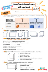 Connaitre et décrire le cube et le pavé droit - Exercices Pas à Pas : 3eme Primaire - PDF à imprimer
