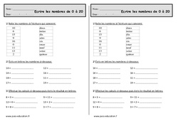 Écrire les nombres de 0 à 20 - Exercices  : 2eme Primaire - PDF à imprimer