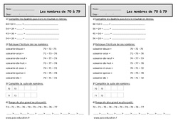 Nombres de 70 à 79 - Exercices  : 2eme Primaire - PDF à imprimer