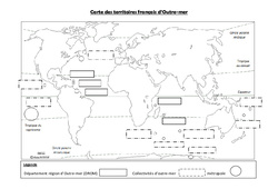 Carte des territoires français d’Outre - mer - Exercices : 4eme, 5eme Primaire - PDF à imprimer