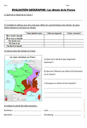 Climats en France - Examen Evaluation : 3eme, 4eme Primaire - PDF à imprimer