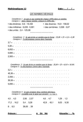 Nombres décimaux - Examen Evaluation- Fiches lire, écrire et comparer : 4eme, 5eme Primaire - PDF à imprimer