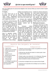 Mardi gras - Texte documentaire - Lecture - Compréhension : Primaire - Cycle Fondamental - PDF à imprimer