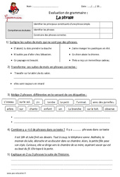 Phrase - Examen Evaluation  : 3eme Primaire - PDF à imprimer