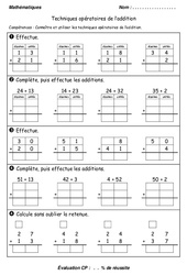 Techniques opératoires de l'addition - Examen Evaluation : 1ere Primaire - PDF à imprimer