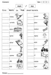 Mon ou ma - Exercices - Grammaire : 1ere Primaire - PDF à imprimer