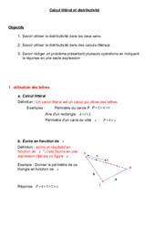 Calcul littéral et distributivité - Cours - Exercices - Mathématiques : 1ere Secondaire - PDF à imprimer