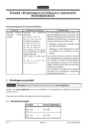 Calcul littéral - Cours - Exercices - Mathématiques : 3eme Secondaire - PDF à imprimer