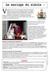 Le mariage du siècle - Kate et William - Documentaire - Lecture : 3eme Primaire - PDF à imprimer
