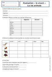 Vie animale - Examen Evaluation : 1ere Primaire - PDF à imprimer