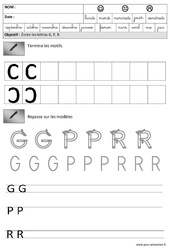 Lettres G,P, R - Demie - courbe : 3eme Maternelle - Cycle Fondamental - PDF à imprimer