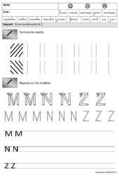 Lettres M,M, Z - Obliques : 3eme Maternelle - Cycle Fondamental - PDF à imprimer