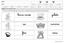 Fête des rois - Nouvelle année - Ecrire des mots en cursive : 3eme Maternelle - Cycle Fondamental - PDF à imprimer