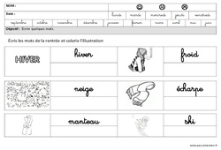 Hiver - Ecrire des mots en cursive : 3eme Maternelle - Cycle Fondamental - PDF à imprimer